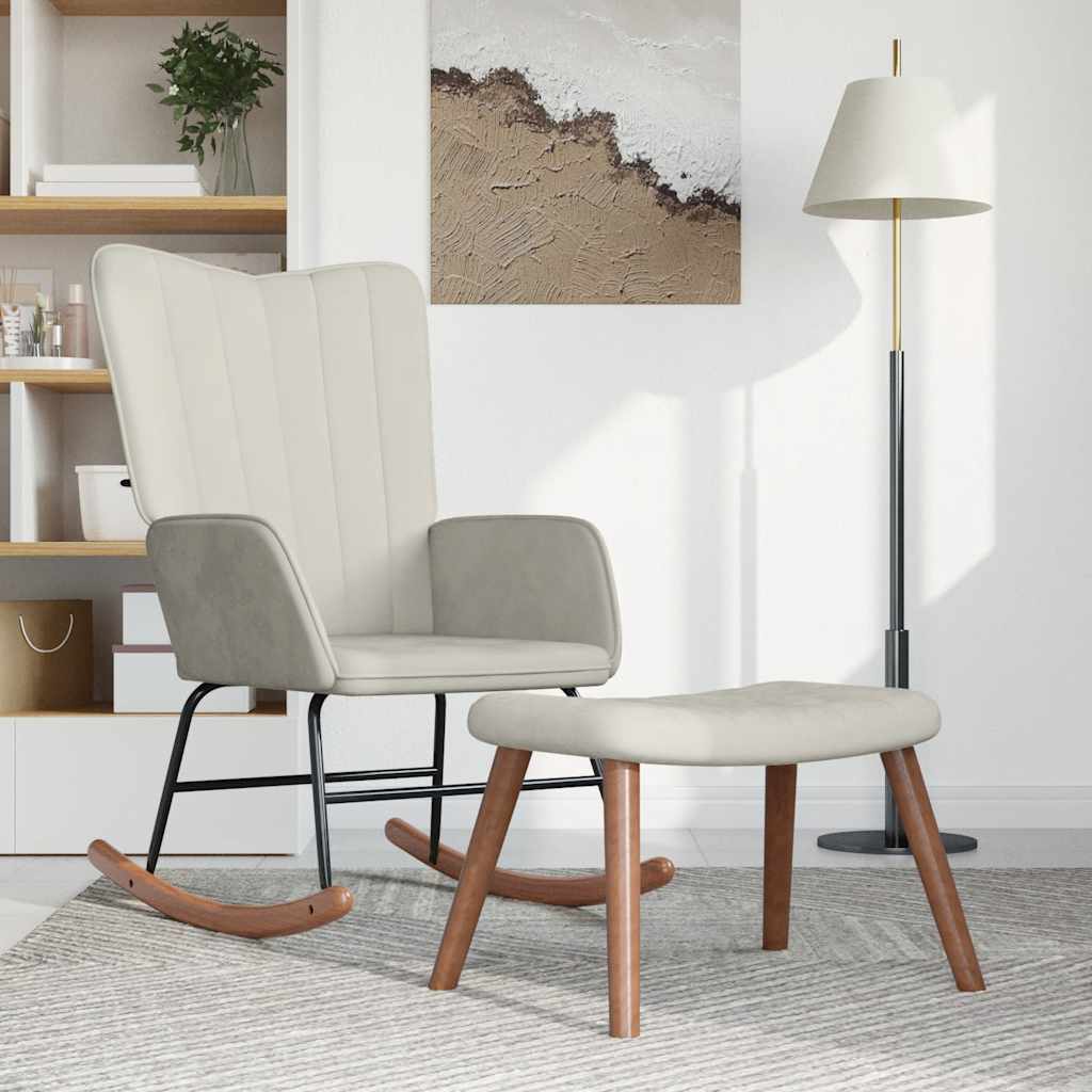 Πολυθρόνα Κουνιστή Λευκό Κρεμ Βελούδινη με Σκαμπό