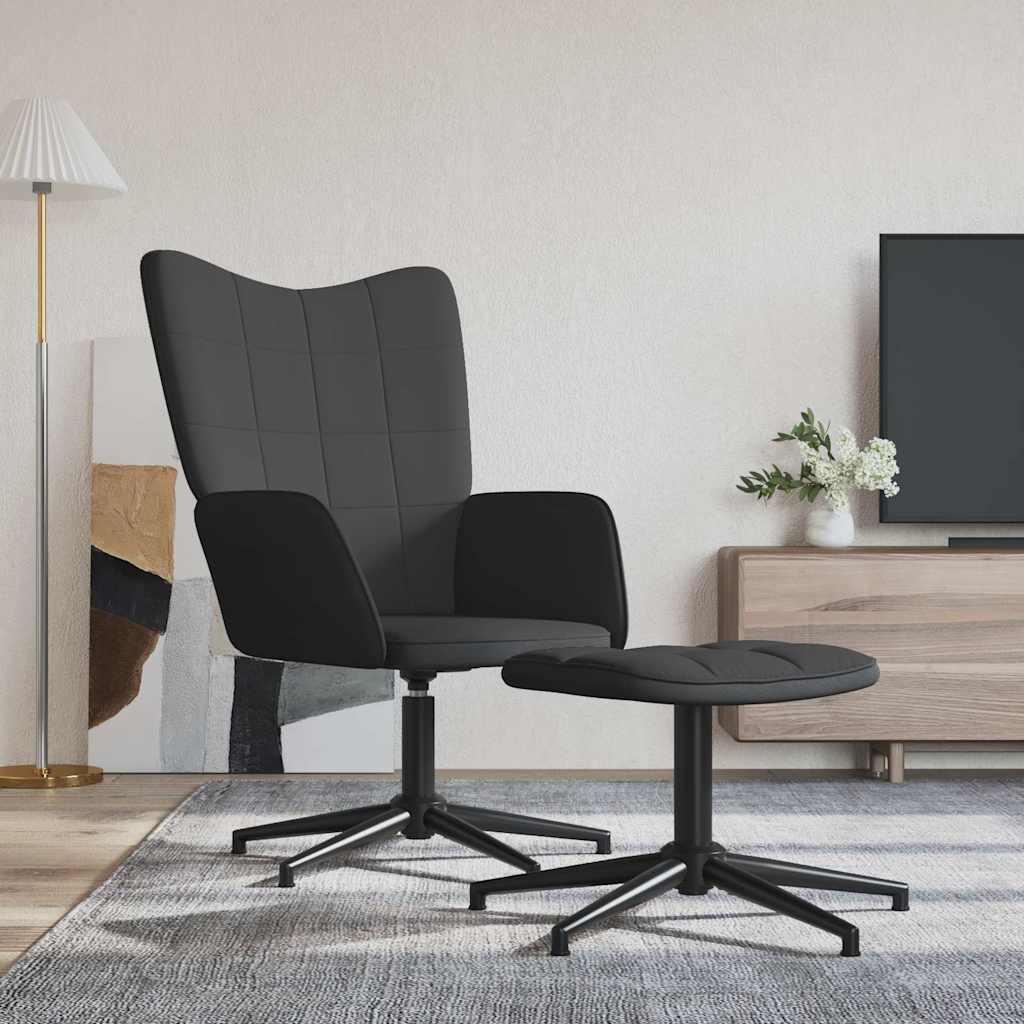 Πολυθρόνα Relax Μαύρη από Βελούδο και PVC με Σκαμπό