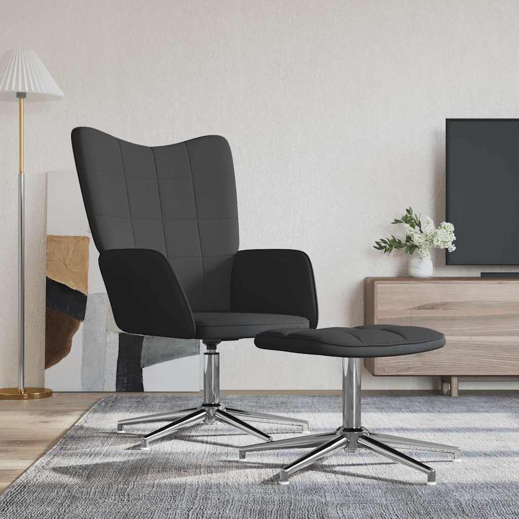 Πολυθρόνα Relax Μαύρη από Βελούδο και PVC με Σκαμπό