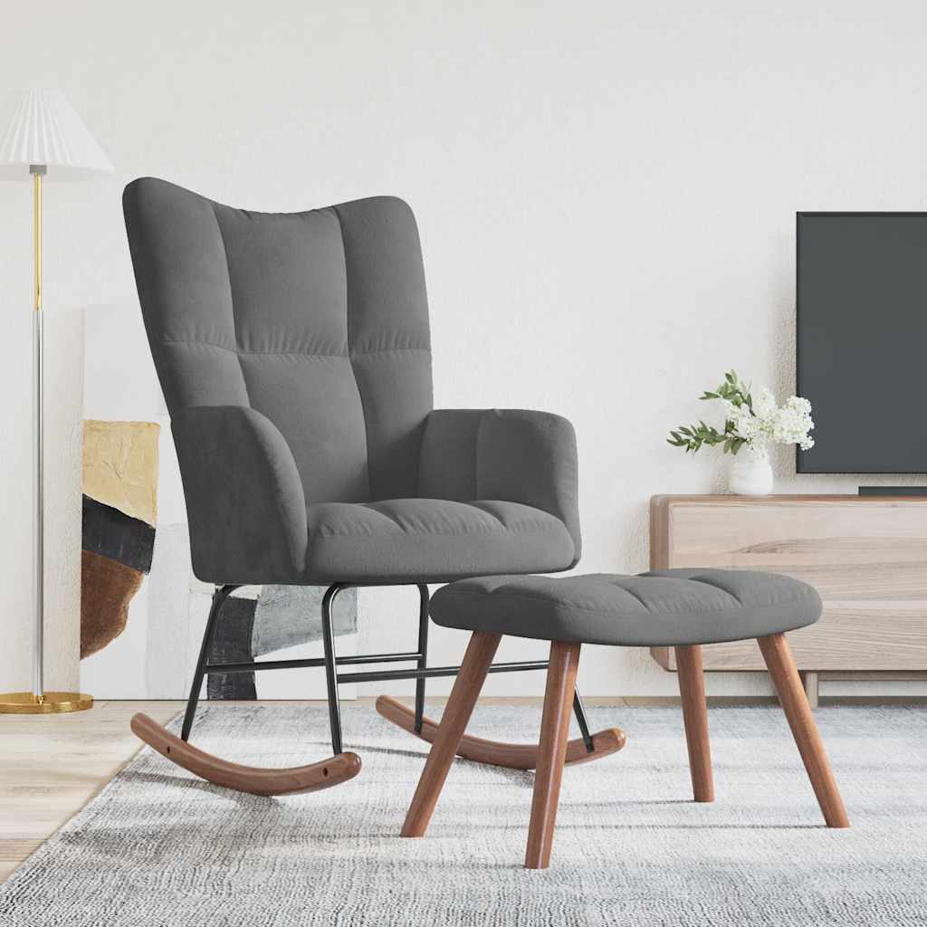 Πολυθρόνα Κουνιστή Σκούρο Γκρι Βελούδινη με Σκαμπό - Pakobazaar