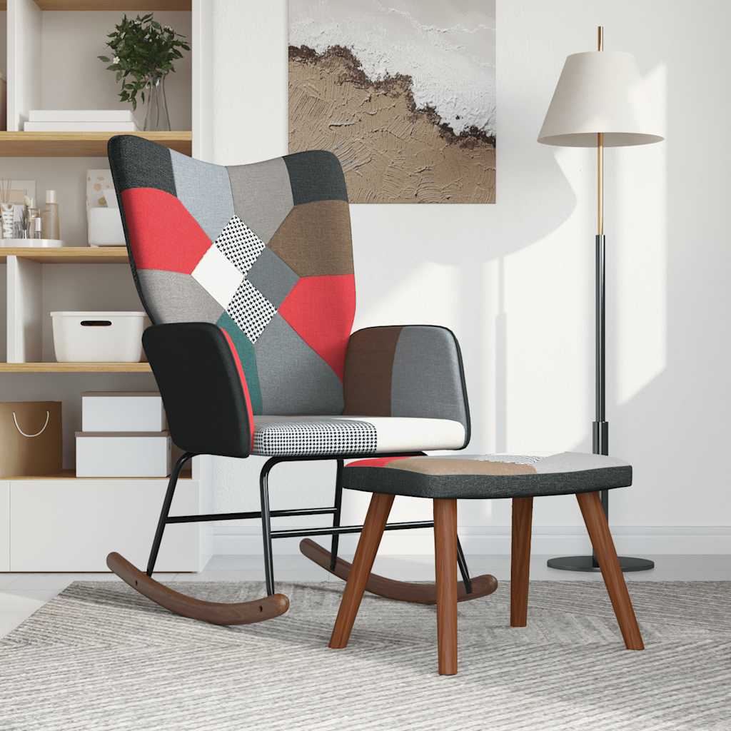 Πολυθρόνα Κουνιστή Σχέδιο Patchwork Υφασμάτινη με Σκαμπό - Pakobazaar