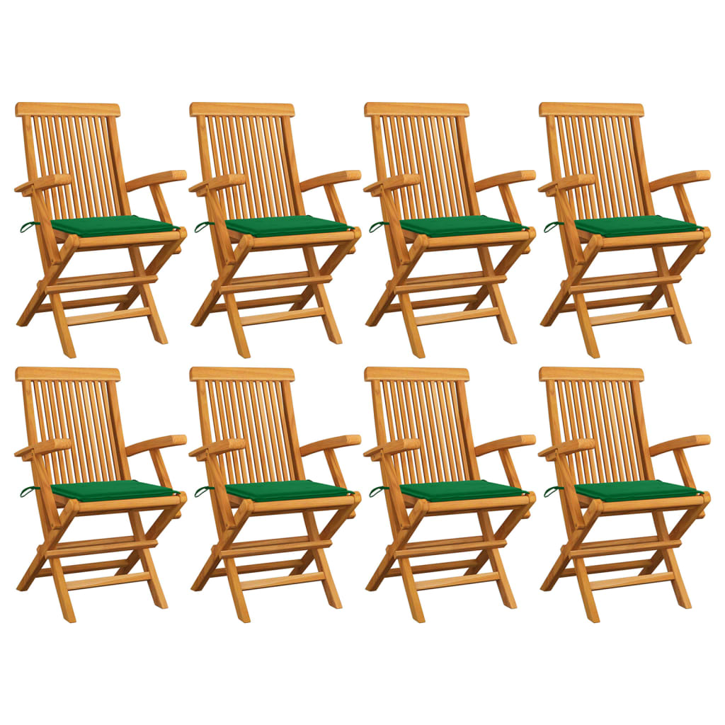 Καρέκλες Κήπου 8 τεμ. Μασίφ Ξύλο Teak με Πράσινα Μαξιλάρια - Pakobazaar