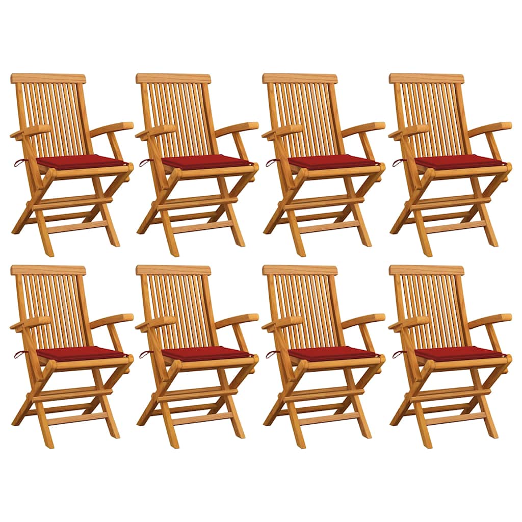 Καρέκλες Κήπου 8 τεμ. από Μασίφ Ξύλο Teak με Κόκκινα Μαξιλάρια - Pakobazaar