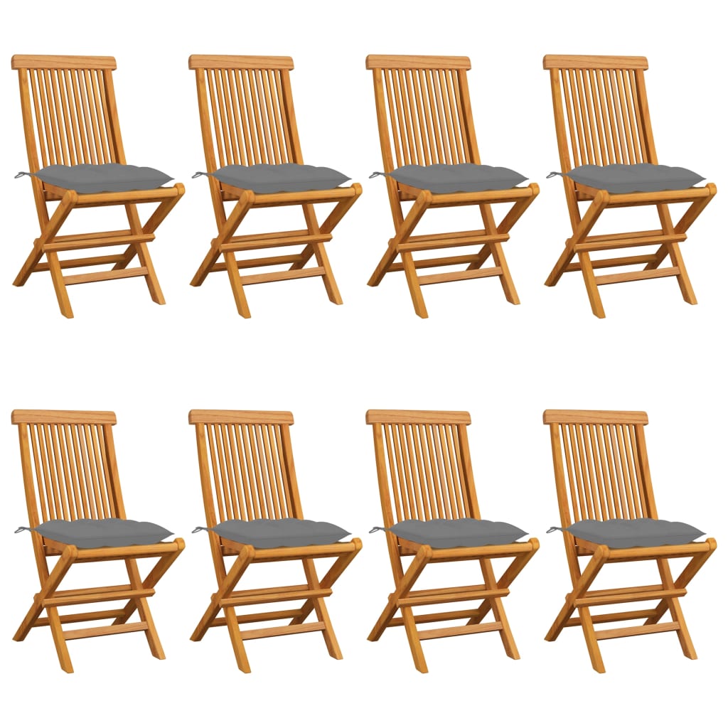Καρέκλες Κήπου 8 τεμ. Μασίφ Ξύλο Teak με Γκρι Μαξιλάρια - PAKOBAZAAR