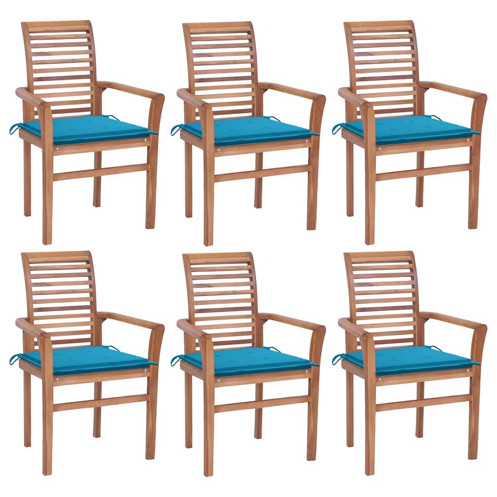 Καρέκλες Τραπεζαρίας 6 τεμ. Μασίφ Ξύλο Teak & Μπλε Μαξιλάρια - Pakobazaar