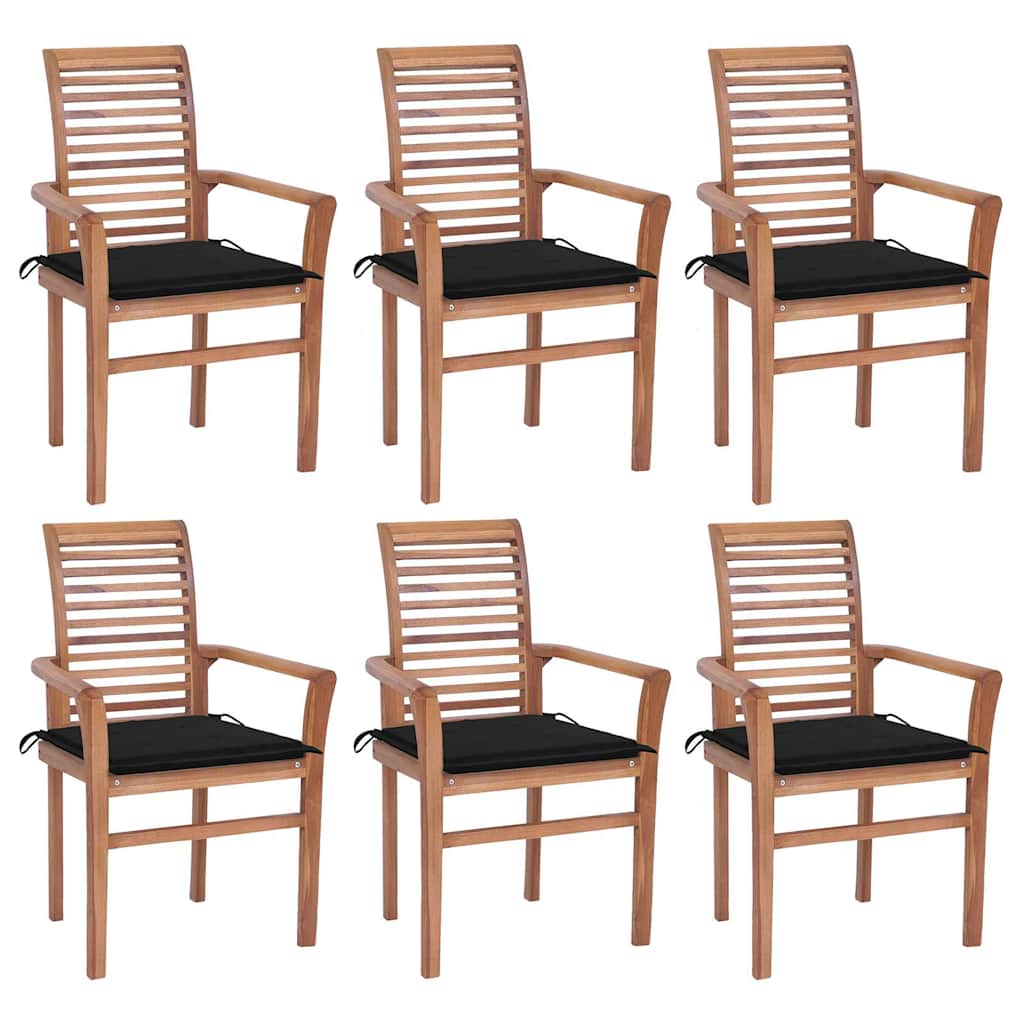 Καρέκλες Τραπεζαρίας 6 τεμ. Μασίφ Ξύλο Teak & Μαύρα Μαξιλάρια