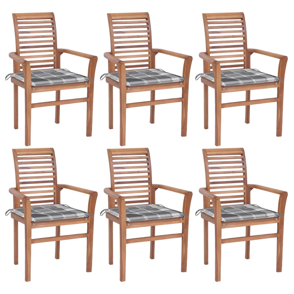 Καρέκλες Τραπεζαρίας 6 τεμ. από Ξύλο Teak & Γκρι Καρό Μαξιλάρια