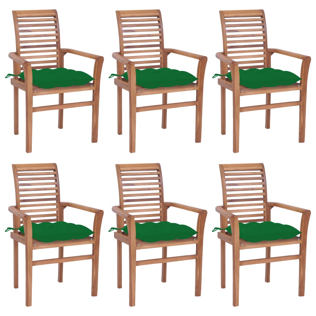Καρέκλες Τραπεζαρίας 6 τεμ. Μασίφ Ξύλο Teak & Πράσινα Μαξιλάρια - Pakobazaar