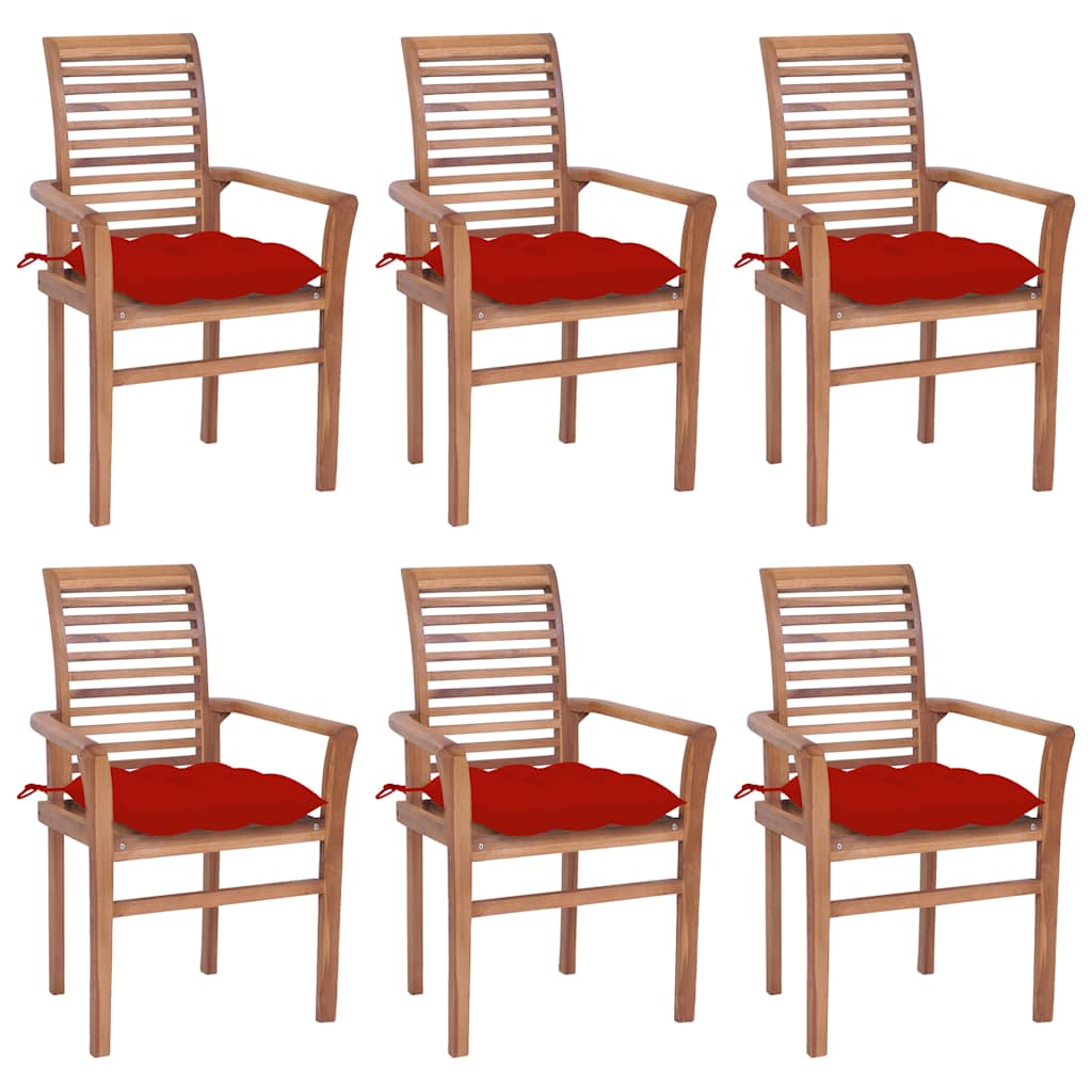 Καρέκλες Τραπεζαρίας 6 τεμ. Μασίφ Ξύλο Teak & Κόκκινα Μαξιλάρια