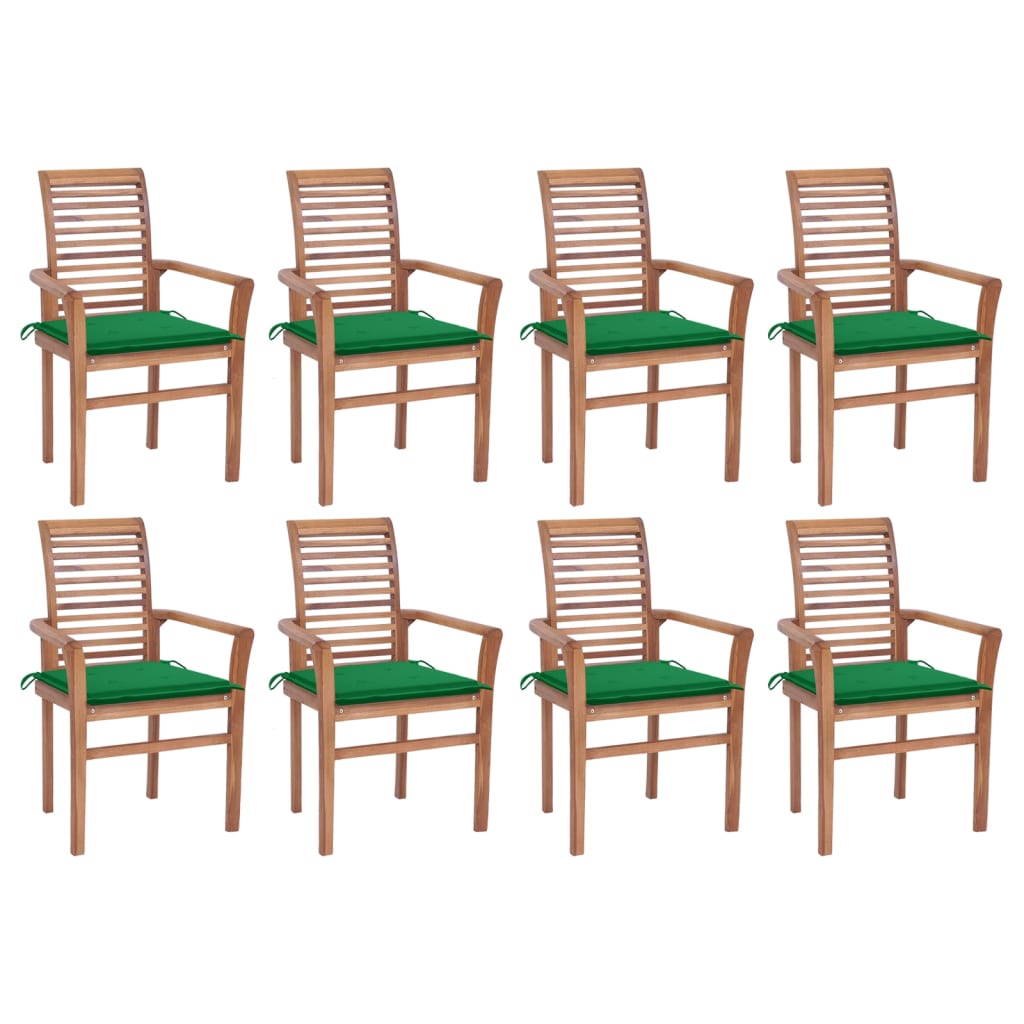 Καρέκλες Τραπεζαρίας 8 τεμ. Μασίφ Ξύλο Teak & Πράσινα Μαξιλάρια