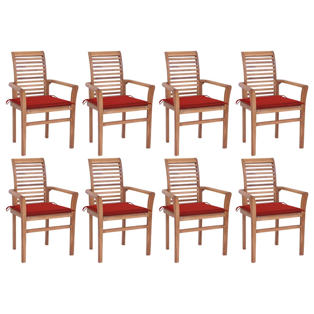 Καρέκλες Τραπεζαρίας 8 τεμ. Μασίφ Ξύλο Teak & Κόκκινα Μαξιλάρια