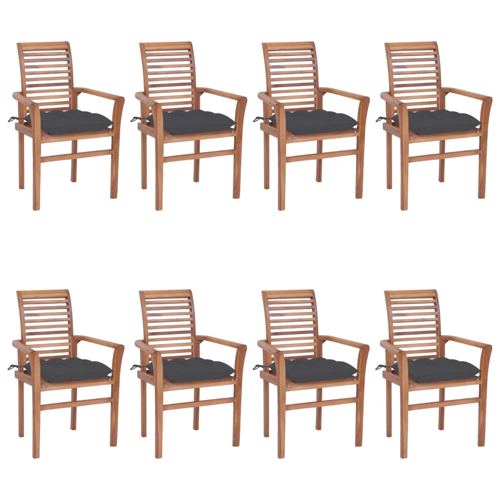 Καρέκλες Τραπεζαρίας 8 τεμ. Μασίφ Ξύλο Teak & Ανθρακί Μαξιλάρια