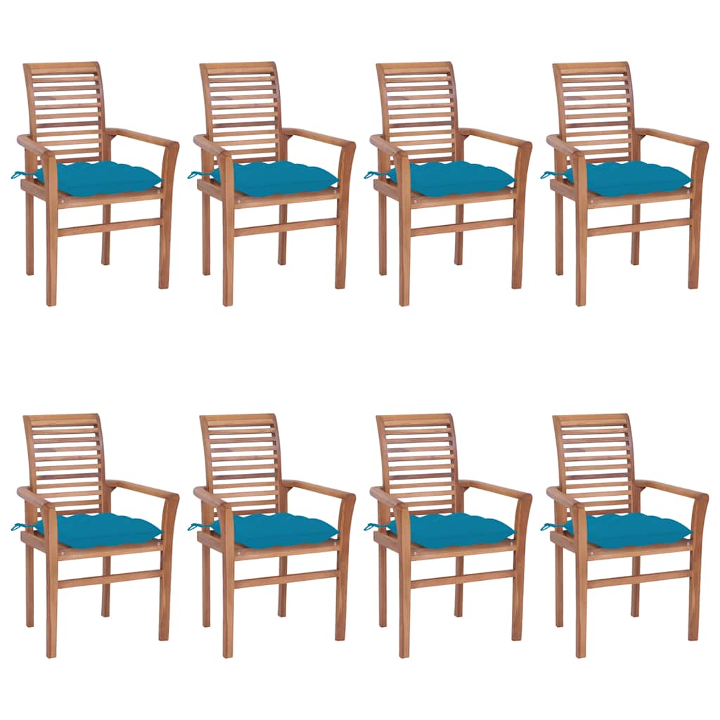 Καρέκλες Τραπεζαρίας 8 τεμ. Μασίφ Ξύλο Teak & Γαλάζια Μαξιλάρια