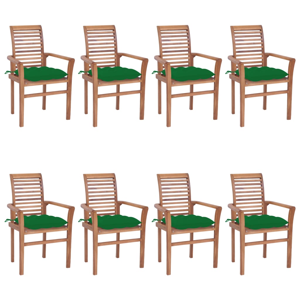 Καρέκλες Τραπεζαρίας 8 τεμ. Μασίφ Ξύλο Teak & Πράσινα Μαξιλάρια - Pakobazaar