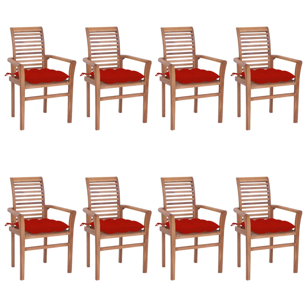 Καρέκλες Τραπεζαρίας 8 τεμ. Μασίφ Ξύλο Teak & Κόκκινα Μαξιλάρια - Pakobazaar