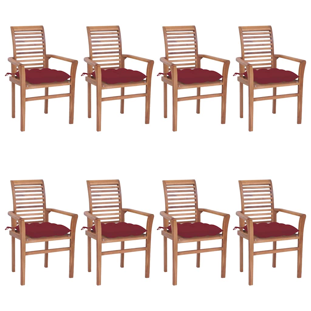 Καρέκλες Τραπεζαρίας 8 τεμ. Μασίφ Ξύλο Teak & Μπορντό Μαξιλάρια