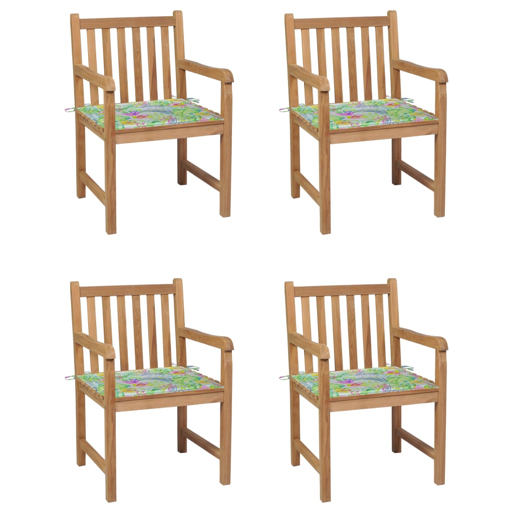 Καρέκλες Κήπου 4 τεμ. Ξύλο Teak & Μαξιλάρια με Σχέδιο Φύλλων - Pakobazaar
