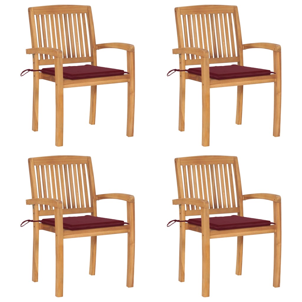 Καρέκλες Κήπου Στοιβαζόμενες 4 τεμ. Μασίφ Ξύλο Teak + Μαξιλάρια - PAKOBAZAAR