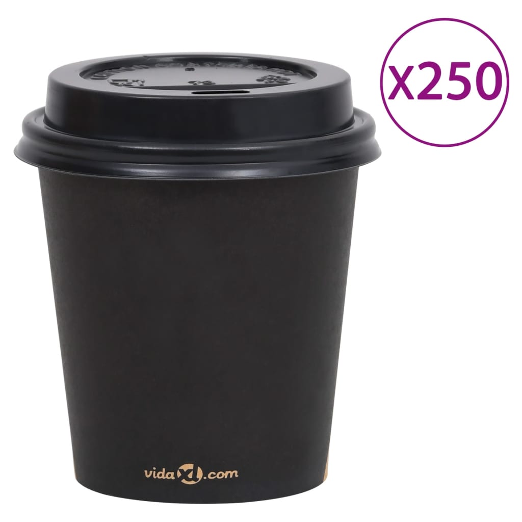 Ποτήρια Καφέ Χάρτινα με Καπάκια 200 ml 250 Τεμάχια Μαύρα - Pakobazaar