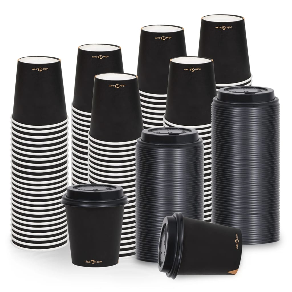 Ποτήρια Καφέ Χάρτινα με Καπάκια 200 ml 250 Τεμάχια Μαύρα - Pakobazaar