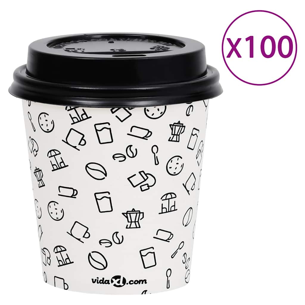 Ποτήρια Καφέ Χάρτινα με Καπάκια 200 ml 100 Τεμάχια Λευκά/Μαύρα - Pakobazaar