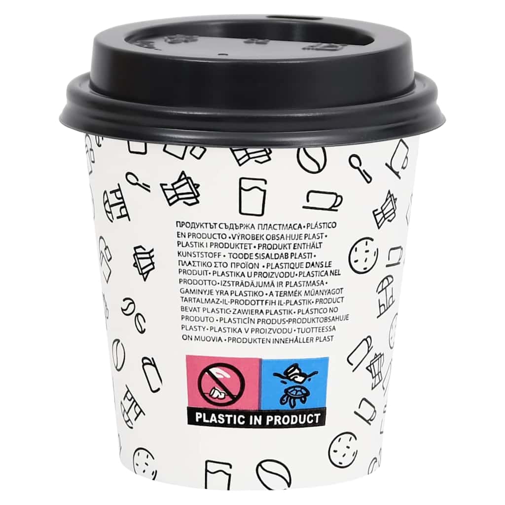 Ποτήρια Καφέ Χάρτινα με Καπάκια 200 ml 100 Τεμάχια Λευκά/Μαύρα - Pakobazaar
