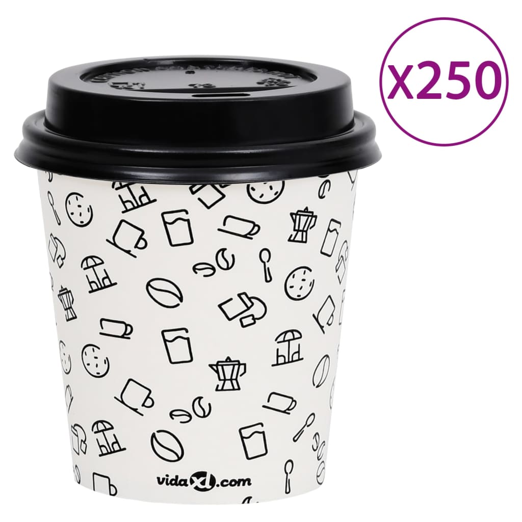 Ποτήρια Καφέ Χάρτινα με Καπάκια 200 ml 250 Τεμάχια Λευκά/Μαύρα