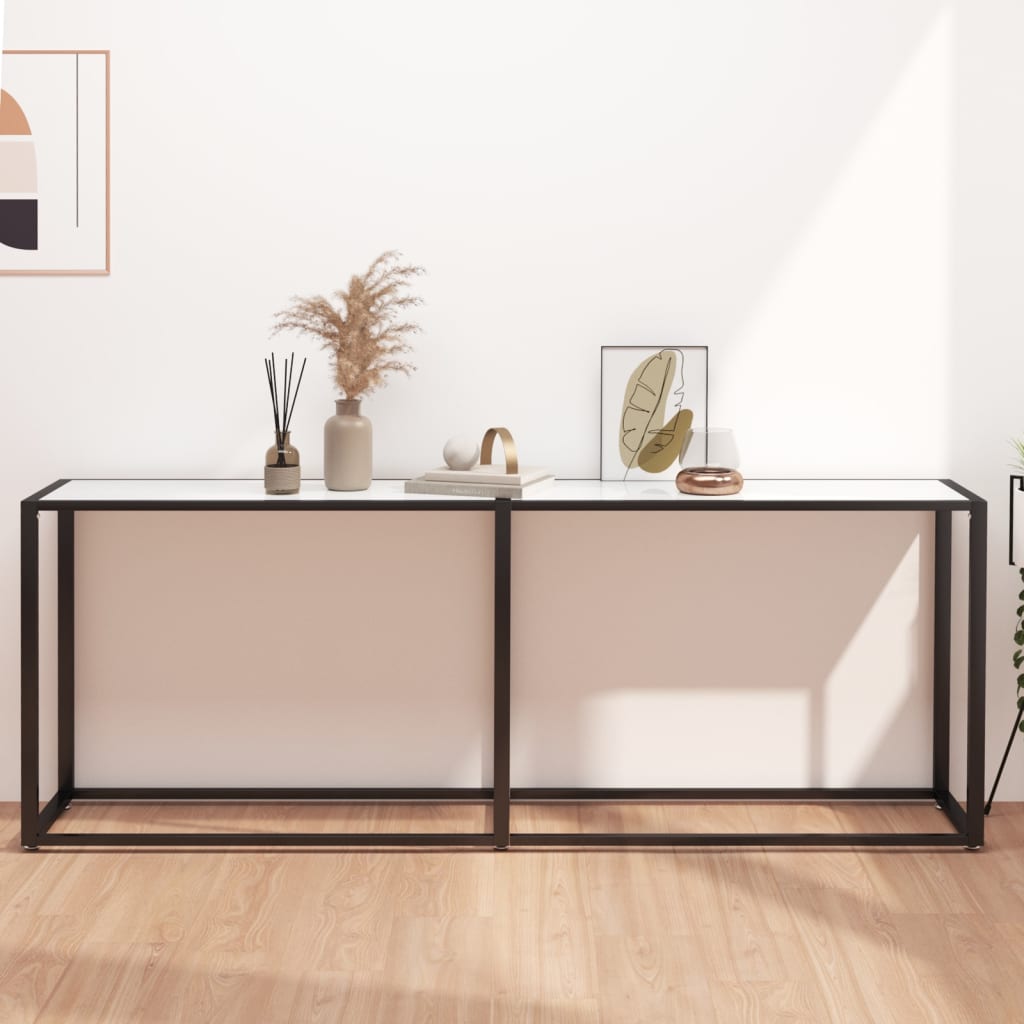 Τραπέζι Κονσόλα Λευκό Όψη Μαρμάρου 200x35x75,5 εκ. Ψημένο Γυαλί