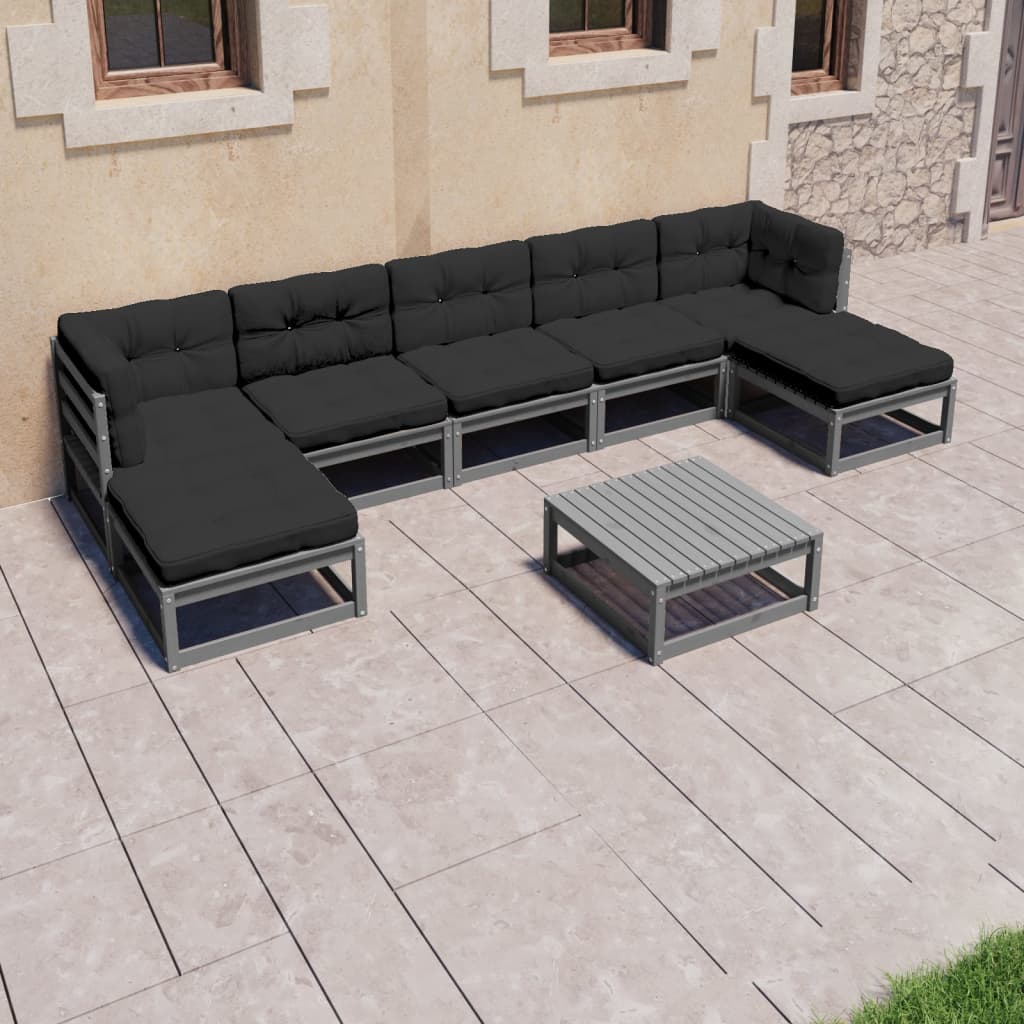 Σαλόνι Κήπου Σετ 8 Τεμαχίων Γκρι Μασίφ Ξύλο Πεύκου με Μαξιλάρια - PAKOBAZAAR