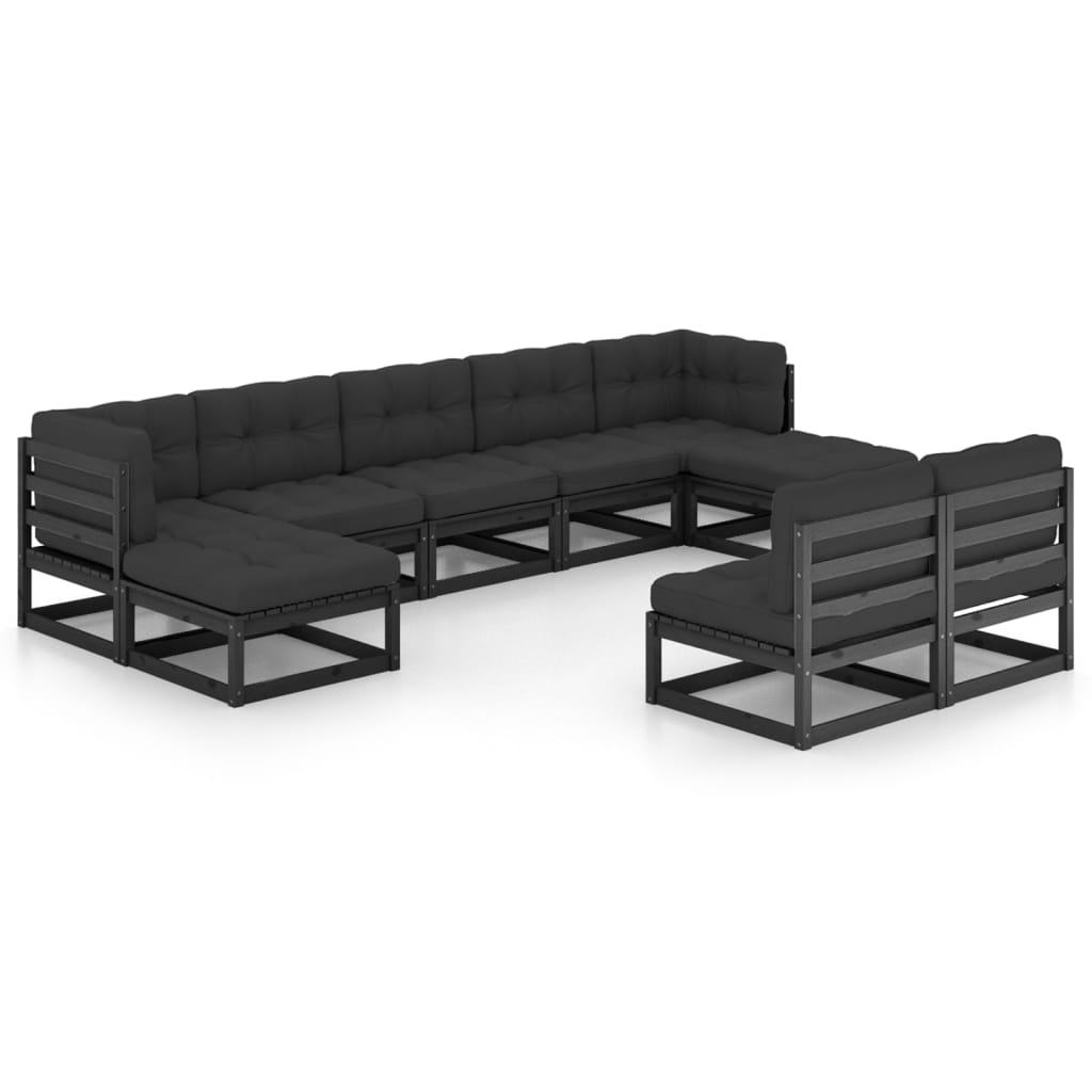 Σαλόνι Κήπου Σετ 9Τεμαχίων Μαύρο Μασίφ Ξύλο Πεύκου με Μαξιλάρια - Pakobazaar