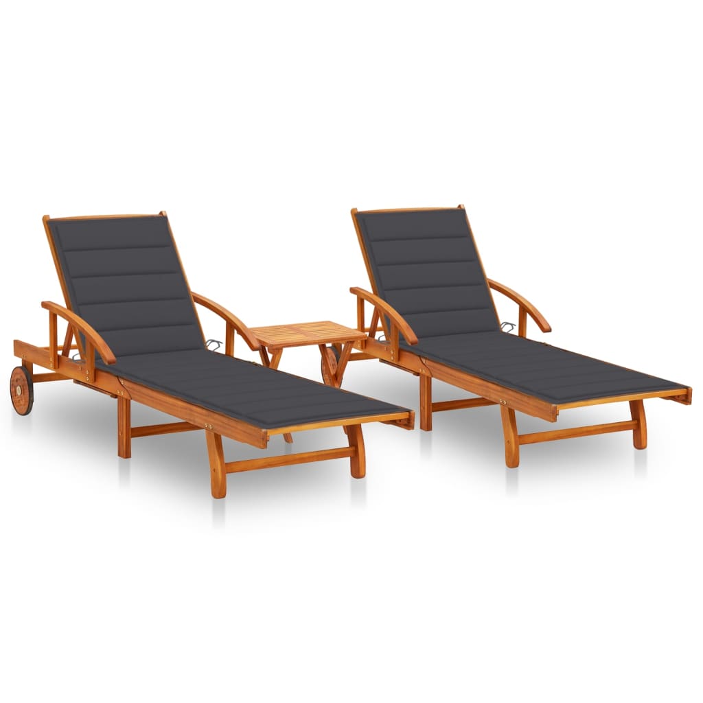 Ξαπλώστρες 2 τεμ. από Μασίφ Ξύλο Ακακίας με Τραπέζι & Μαξιλάρια - Pakobazaar