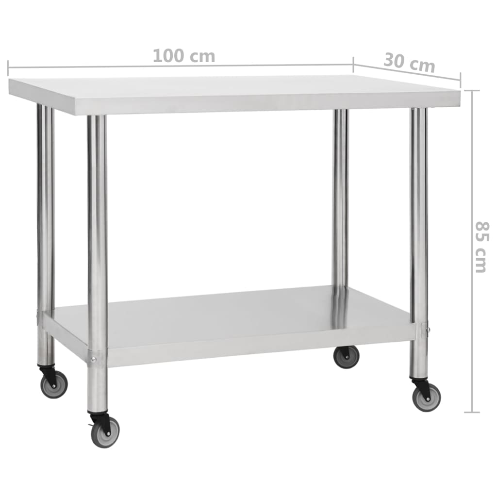 Πάγκος Εργασίας Κουζίνας με Ροδάκια 100x30x85εκ Ανοξείδ. Ατσάλι