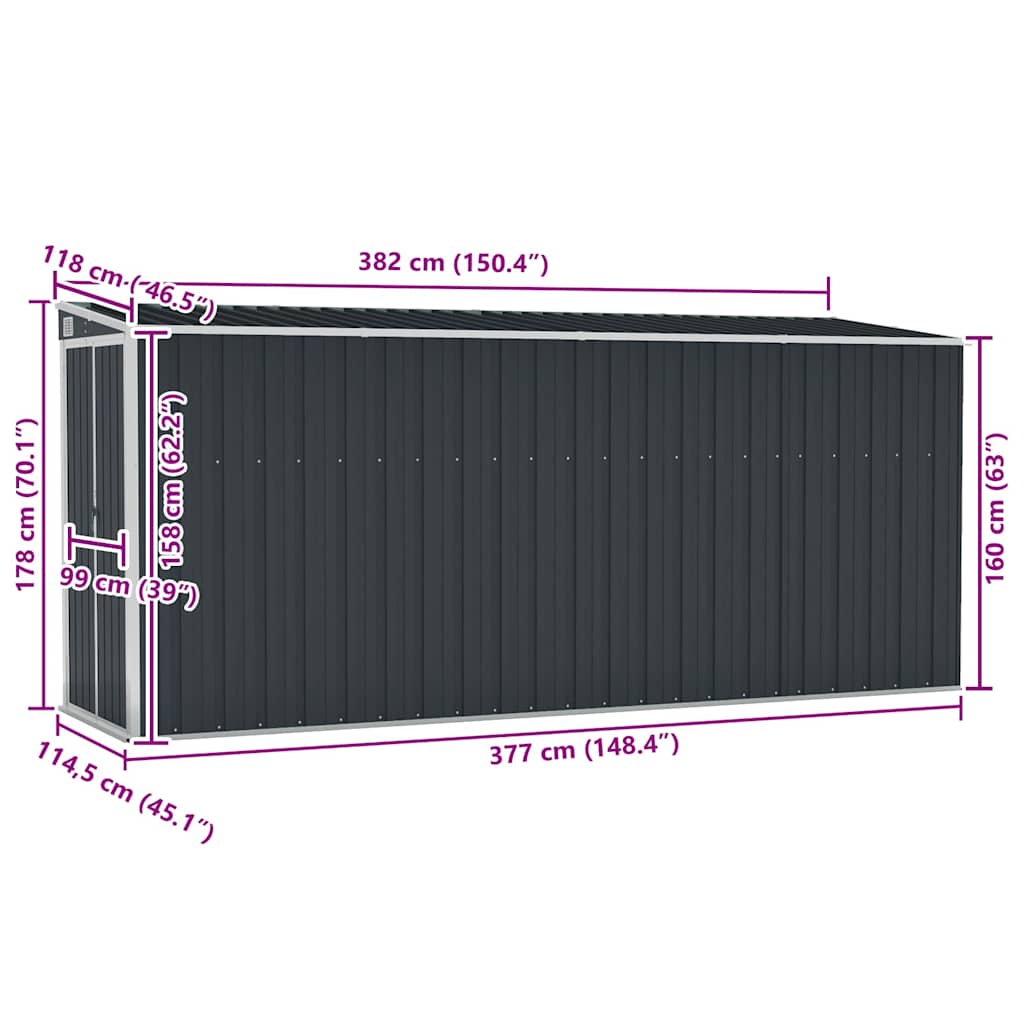 Αποθήκη Κήπου Επιτοίχια Ανθρακί 118 x 382 x 178 εκ. από Ατσάλι
