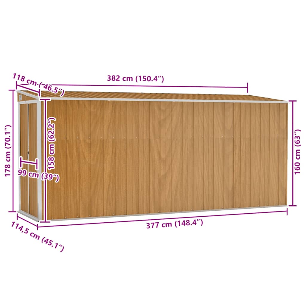 Επιτοίχια Αποθήκη Κήπου Καφέ 118x382x178 εκ. από Γαλβανισμένο Ατσάλι