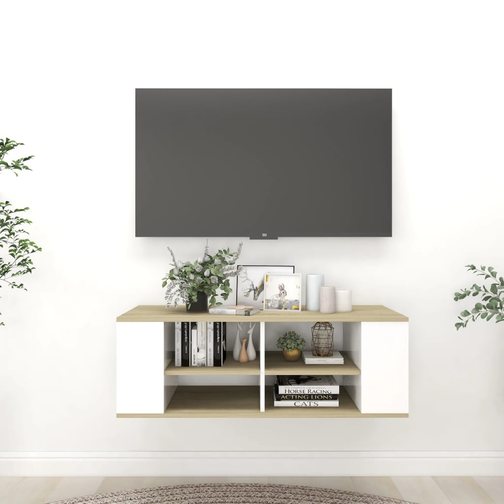Έπιπλο Τηλεόρασης Κρεμαστό Λευκό/Δρυς 102x35x35 εκ. Επεξ. Ξύλο