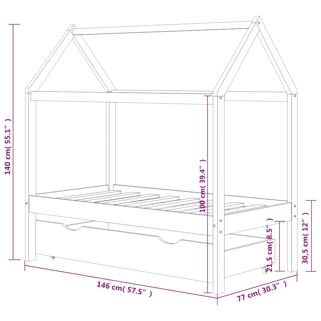 Πλαίσιο Κρεβατιού Παιδικό με Συρτάρι Σκ. Γκρι 70x140 εκ. Πεύκο