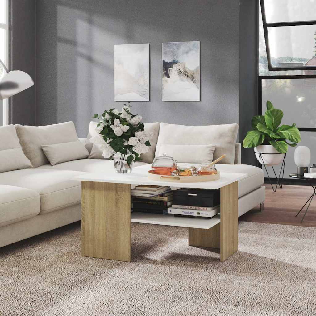 Τραπεζάκι Σαλονιού Λευκό/Sonoma Δρυς 90x60x46,5 εκ. Μοριοσανίδα - Pakobazaar