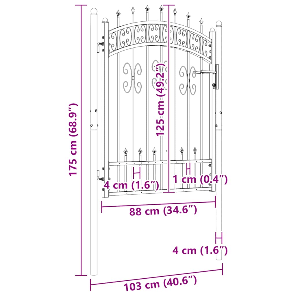 Πόρτα Περίφραξης με Κορυφή Δόρυ Μαύρη 103x125 εκ. από Ατσάλι με Ηλεκτροστατική Βαφή - PAKOBAZAAR