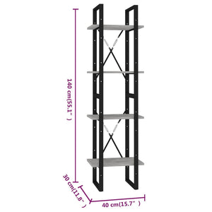 Βιβλιοθήκη με 4 Ράφια Γκρι Σκυροδέματος 40x30x140εκ Επεξ. Ξύλο