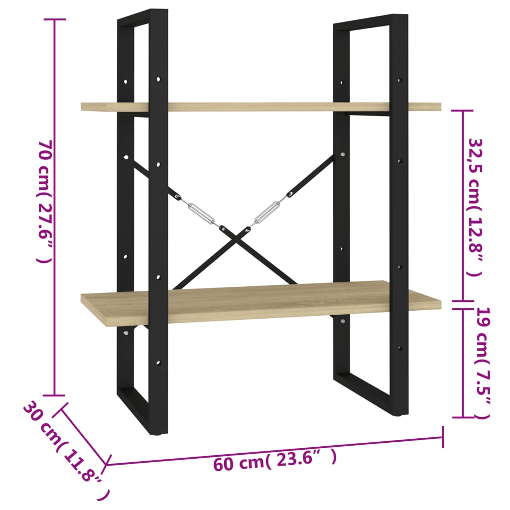 Βιβλιοθήκη με 2 Ράφια Sonoma Δρυς 60 x 30 x 70 εκ. Επεξ. Ξύλο