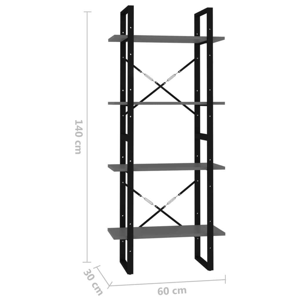 Βιβλιοθήκη με 4 Ράφια Γκρι 60 x 30 x 140 εκ. από Επεξ. Ξύλο