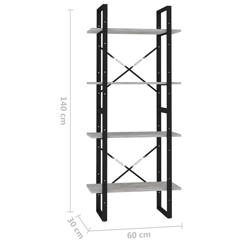 Βιβλιοθήκη με 4 Ράφια Γκρι Σκυροδέματος 60x30x140εκ Μοριοσανίδα