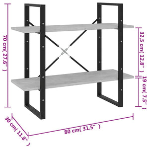 Βιβλιοθήκη με 2 Ράφια Γκρι Σκυρ. 80 x 30 x 70 εκ. Επεξ. Ξύλο
