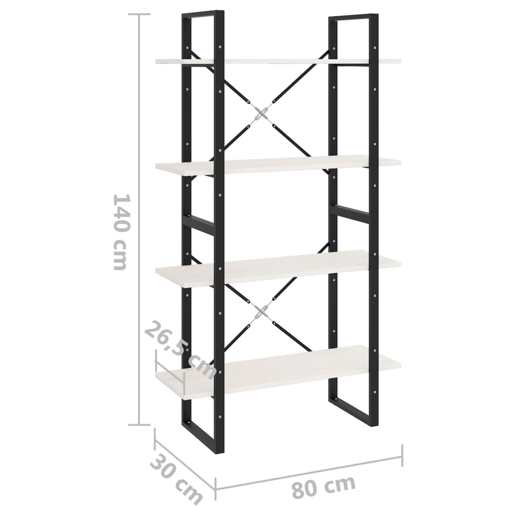 Βιβλιοθήκη με 4 Ράφια Λευκή 80 x 30 x 140 εκ. Μασίφ Ξύλο Πεύκου