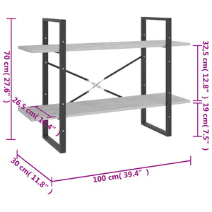 Βιβλιοθήκη με 2 Ράφια Γκρι Σκυροδέματος 100x30x70εκ Επεξ. Ξύλο
