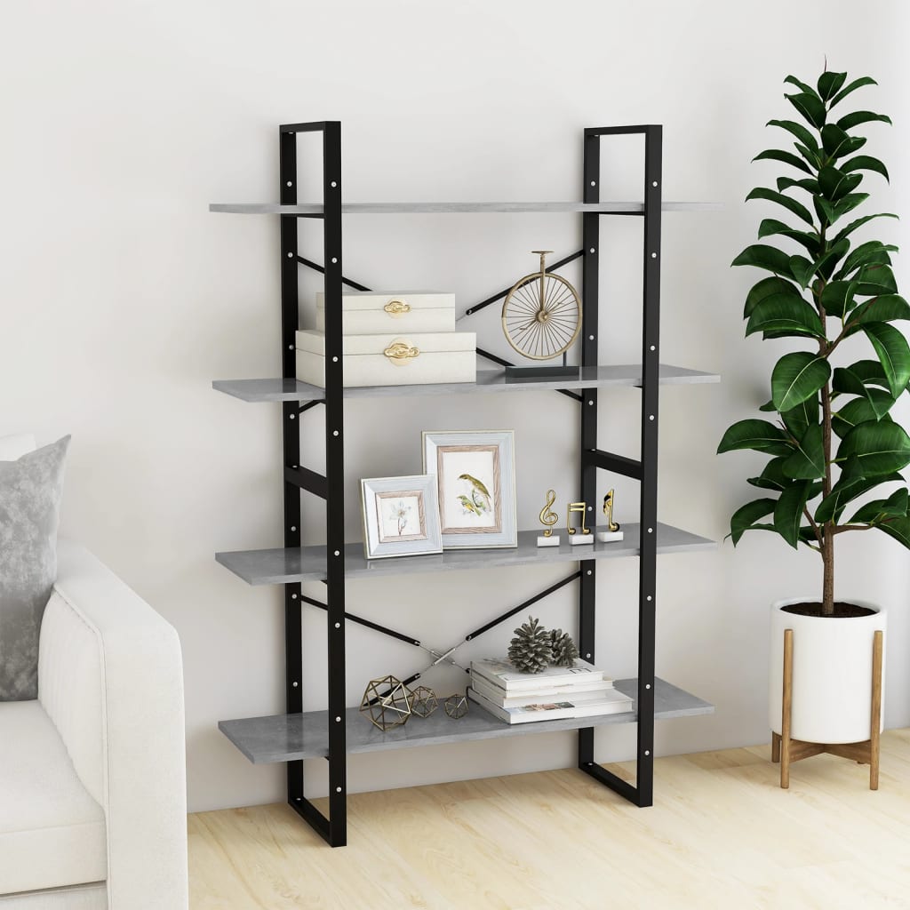 Βιβλιοθήκη με 4 Ράφια Γκρι Σκυροδέμ. 100x30x140 εκ. Επεξ. Ξύλο