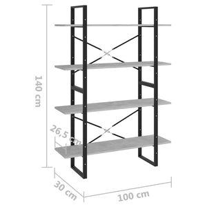 Βιβλιοθήκη με 4 Ράφια Γκρι Σκυροδέμ. 100x30x140 εκ. Επεξ. Ξύλο