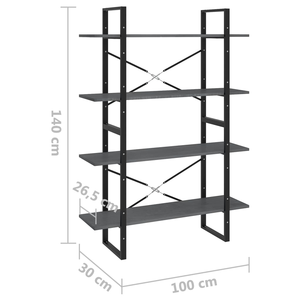 Βιβλιοθήκη με 4 Ράφια Γκρι 100x30x140 εκ. από Μασίφ Ξύλο Πεύκου
