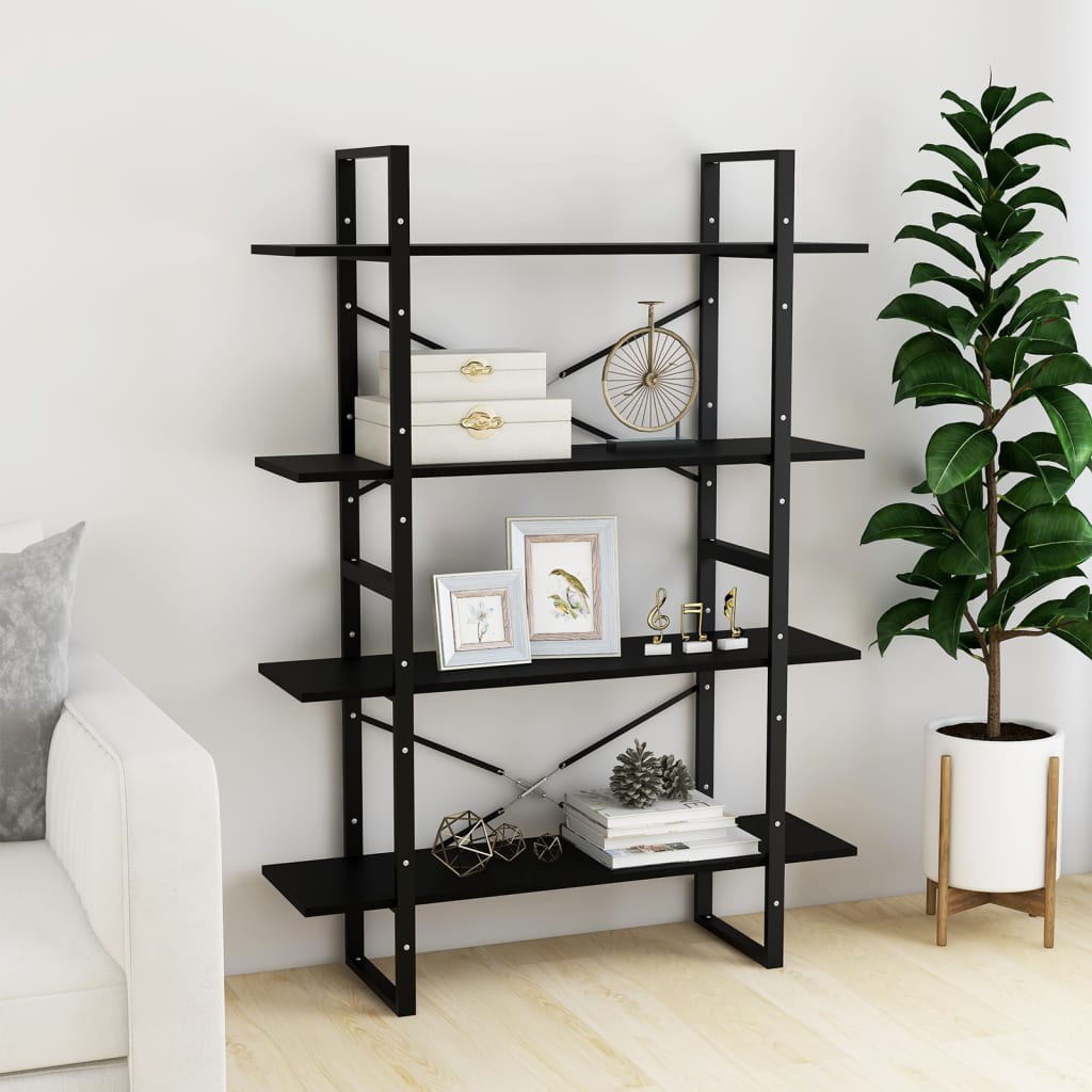 Βιβλιοθήκη με 4 Ράφια Μαύρη 100x30x140 εκ. από Μασίφ Ξύλο Πεύκου