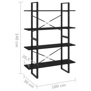 Βιβλιοθήκη με 4 Ράφια Μαύρη 100x30x140 εκ. από Μασίφ Ξύλο Πεύκου